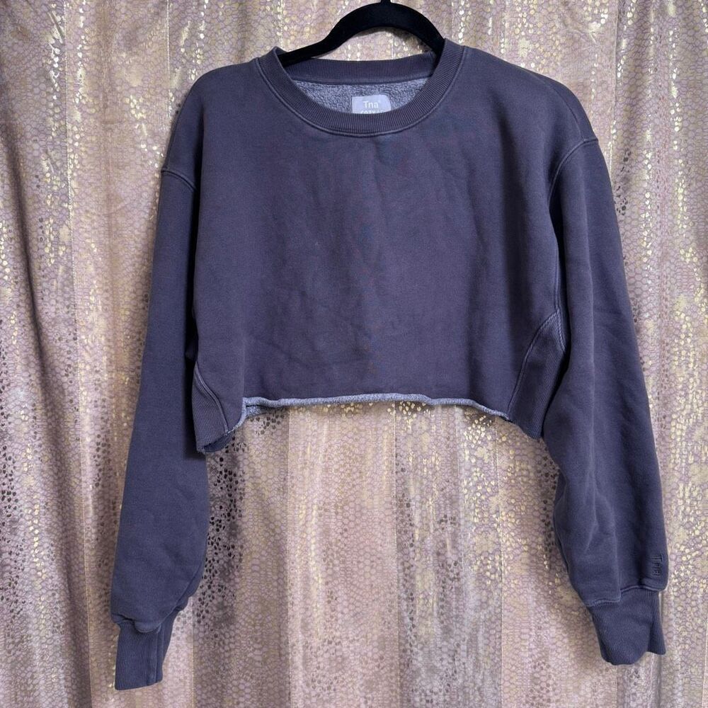 TNA Aritzia Charcoal Gray Cozy AF Fleece Cropped Long Sleeve Sweater Small 1